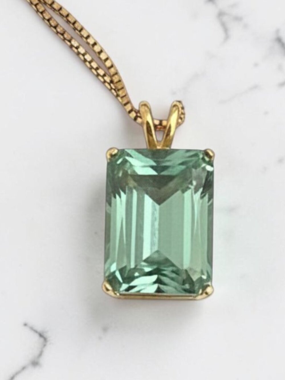 925 Italy UTC Branded Chain Necklace Green Emerald Shape Rectangle Pendant
